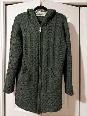 Aran Crafts Handcrafted Aran Hooded Zip Up Sweater Coat - Dark Green - XL